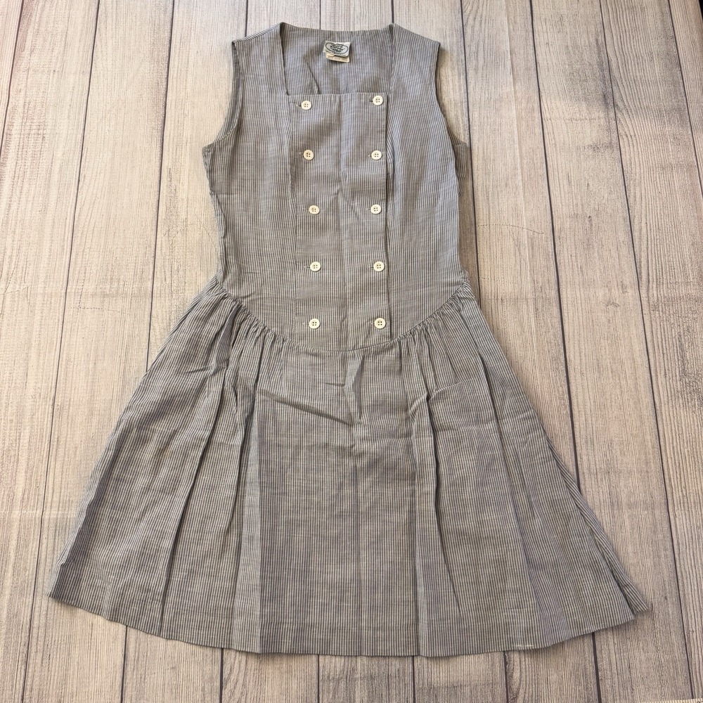 Vintage Laura Ashley Linen Cotton Ticking Stripe Prairie Dress Blue UK12 USA10